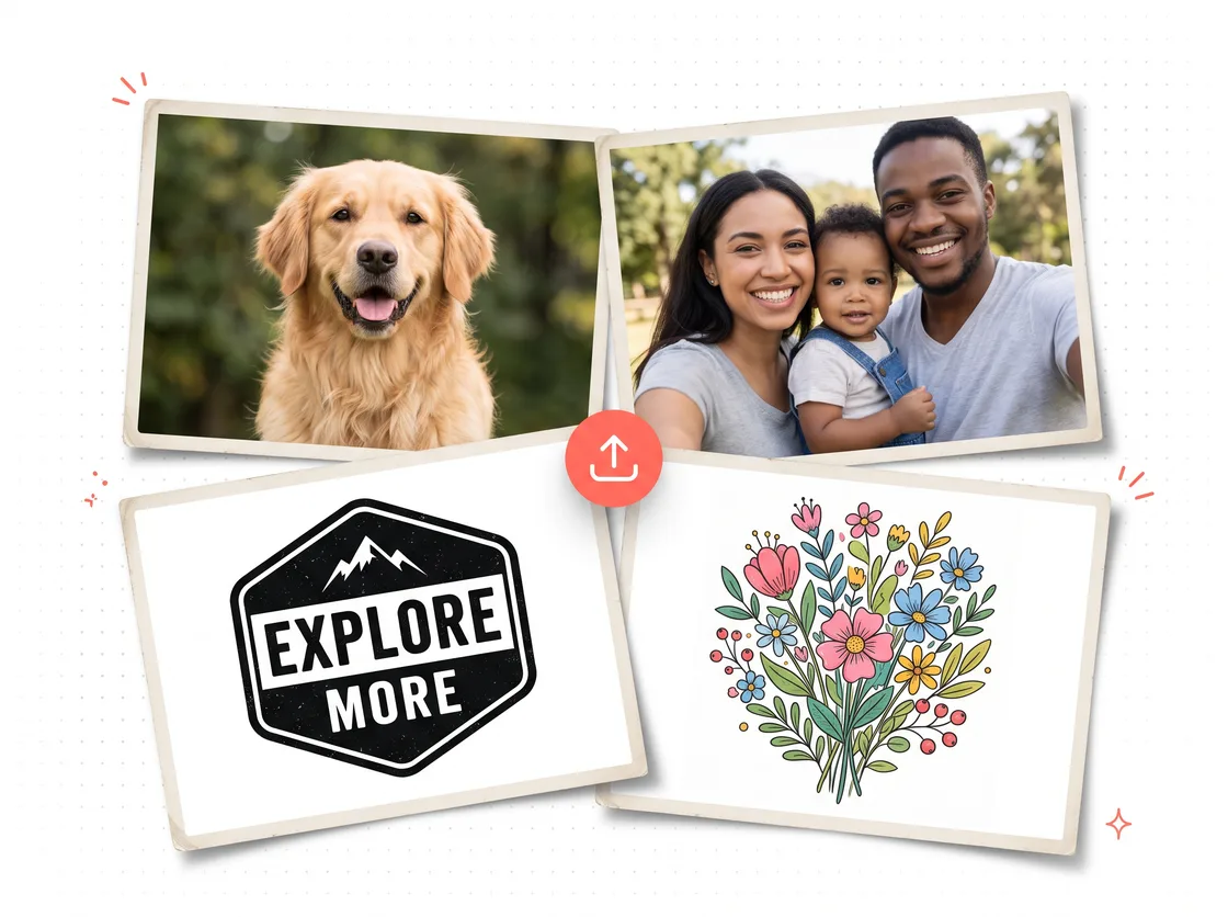 Photos you can upload from your phone: a pet, a family selfie, a logo and artwork