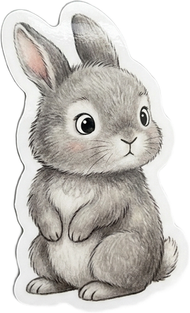 A fluffy bunny photo turned into a finished sticker with a white border